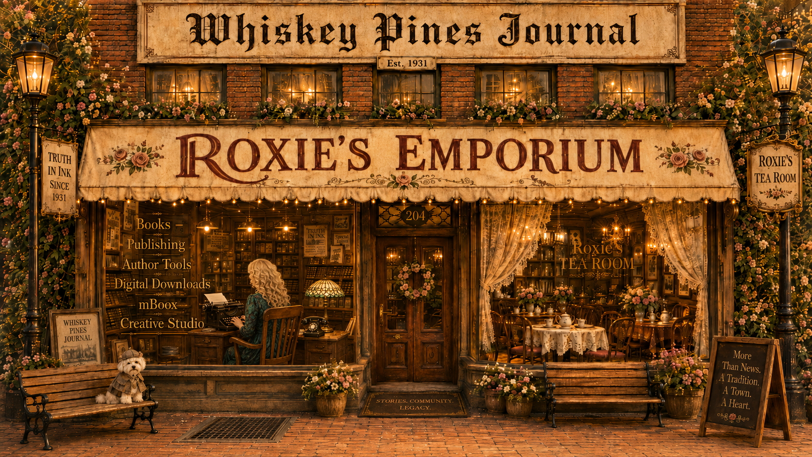 The Whiskey Pines Journal building with Roxie's Emporium annex, large storefront windows and a period streetscape