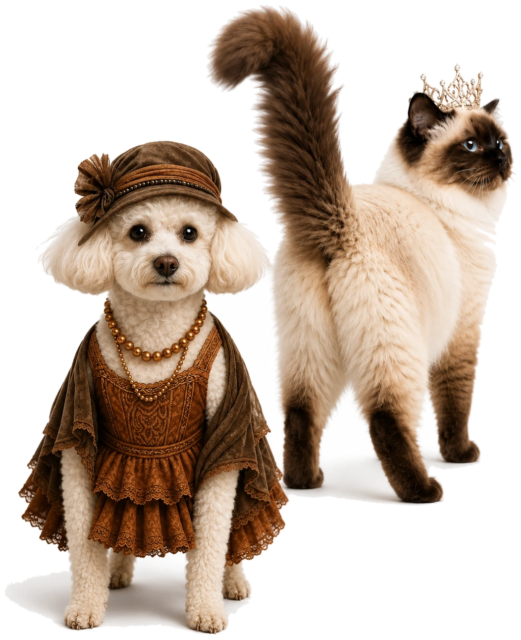 Kenzie, a white Bichon Frise in a Victorian dress and hat, beside Contessa the crowned Himalayan-Siamese cat