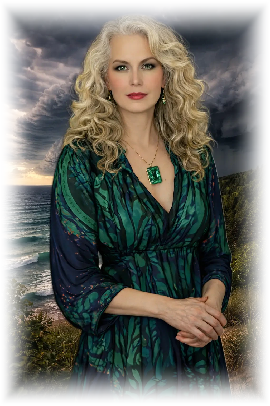 Roxie Maxx on the Lake Michigan shore in an emerald dress