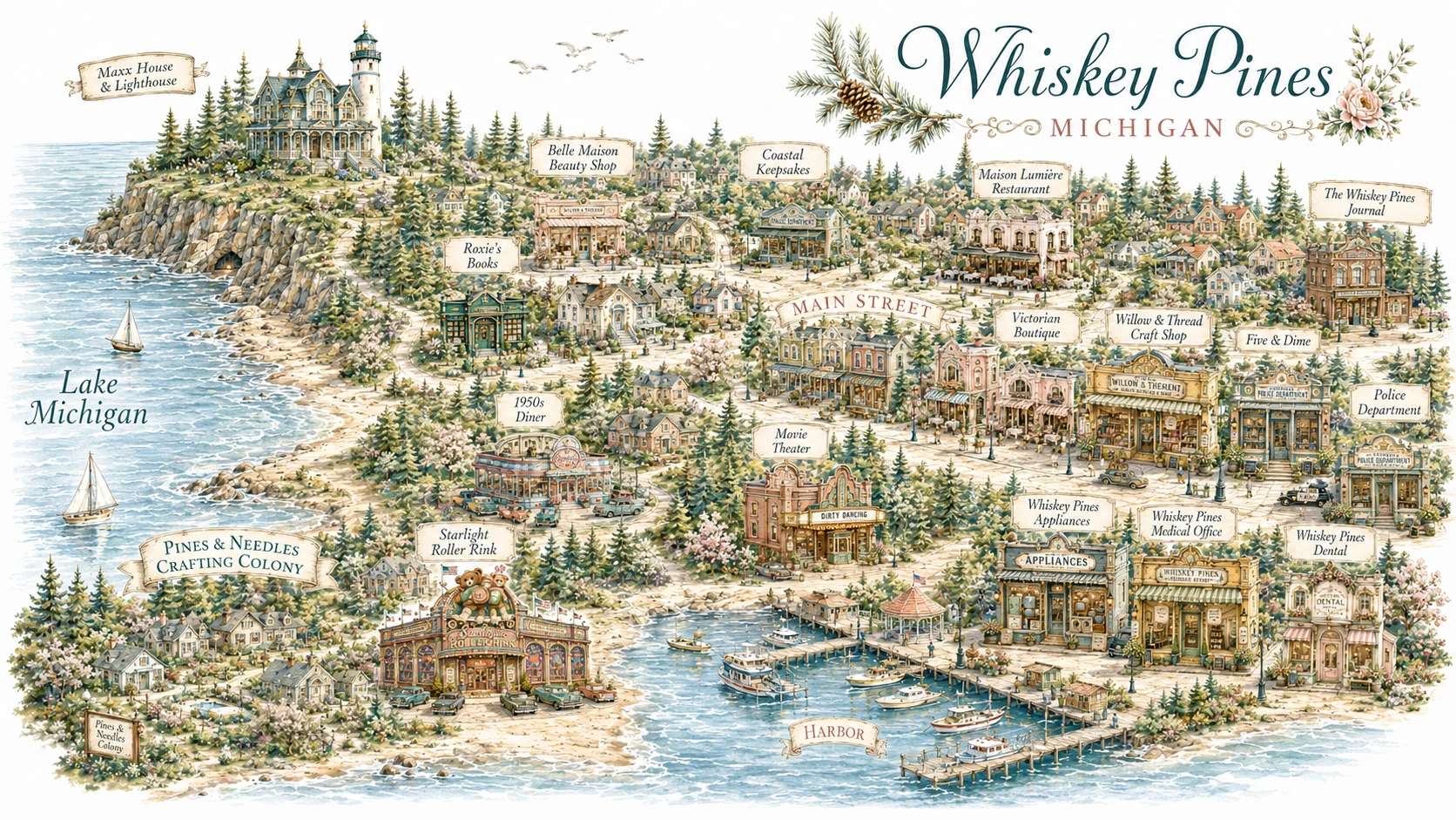 A painted map of Whiskey Pines, Michigan