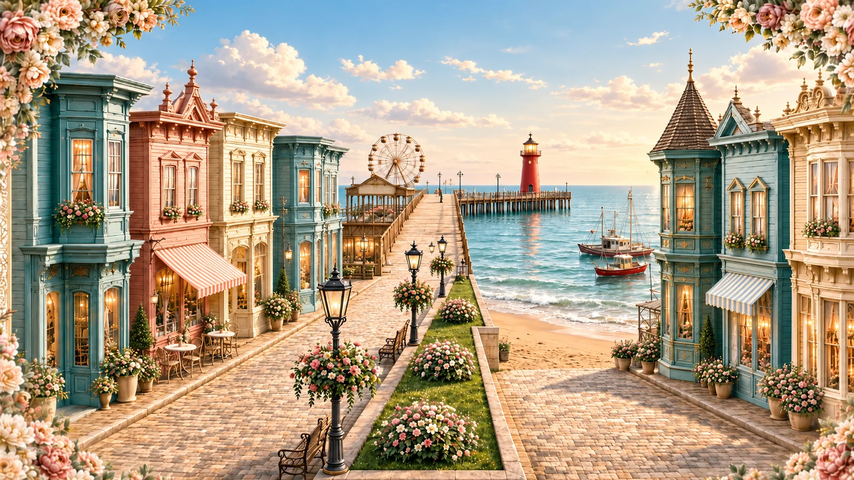 A clear, sunlit Victorian village beside Lake Michigan, with teal and rose storefronts, flowers, a pier, and a red lighthouse.