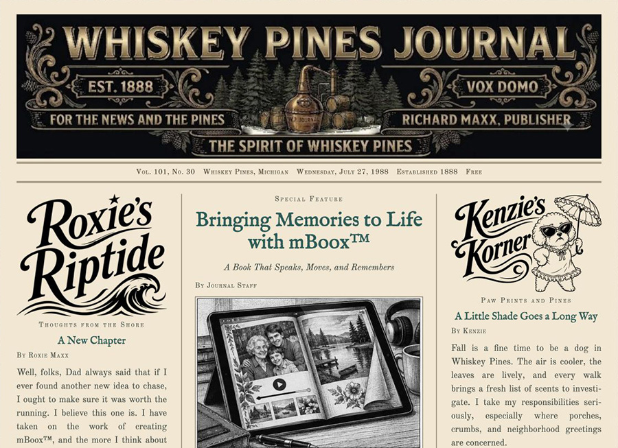 The current Whiskey Pines Journal front page, including Roxie’s Riptide and Kenzie’s Korner