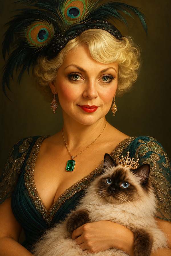 Roxanne Maxx wearing her emerald pendant and holding Contessa, a crowned blue-eyed Himalayan-Siamese cat