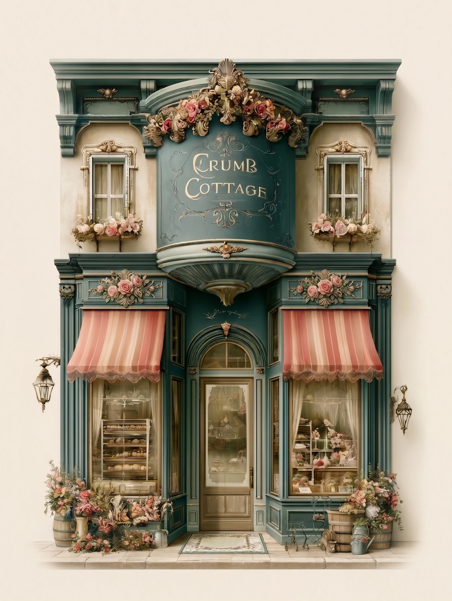 Crumb Cottage Bakery: a teal Victorian storefront with rose swags, striped awnings, flower barrels, and pastries in the windows