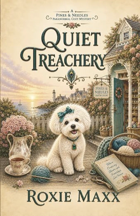 Quiet Treachery paperback cover, Kenzie the Bichon Frise outside the Pines and Needles crafting shop